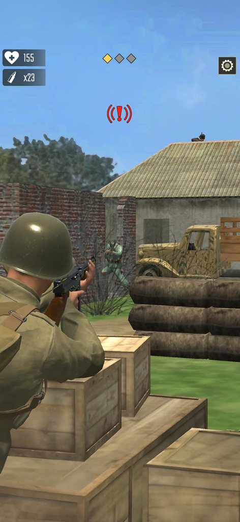 Una perspectiva en primera persona de un soldado estadounidense apuntando con un rifle a un enemigo en un entorno de campo de batalla de la Segunda Guerra Mundial.