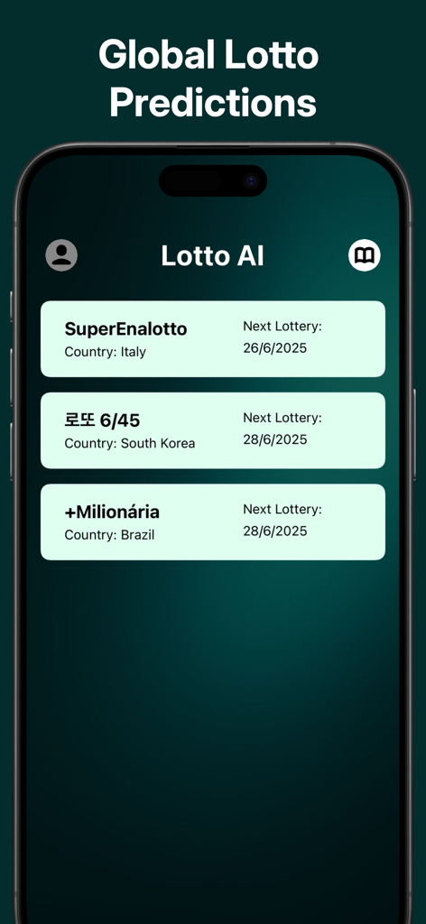 Lotto AI app interface showing global lottery predictions for SuperEnalotto Italy, Lotto 6-45 South Korea, and Milionaria Brazil