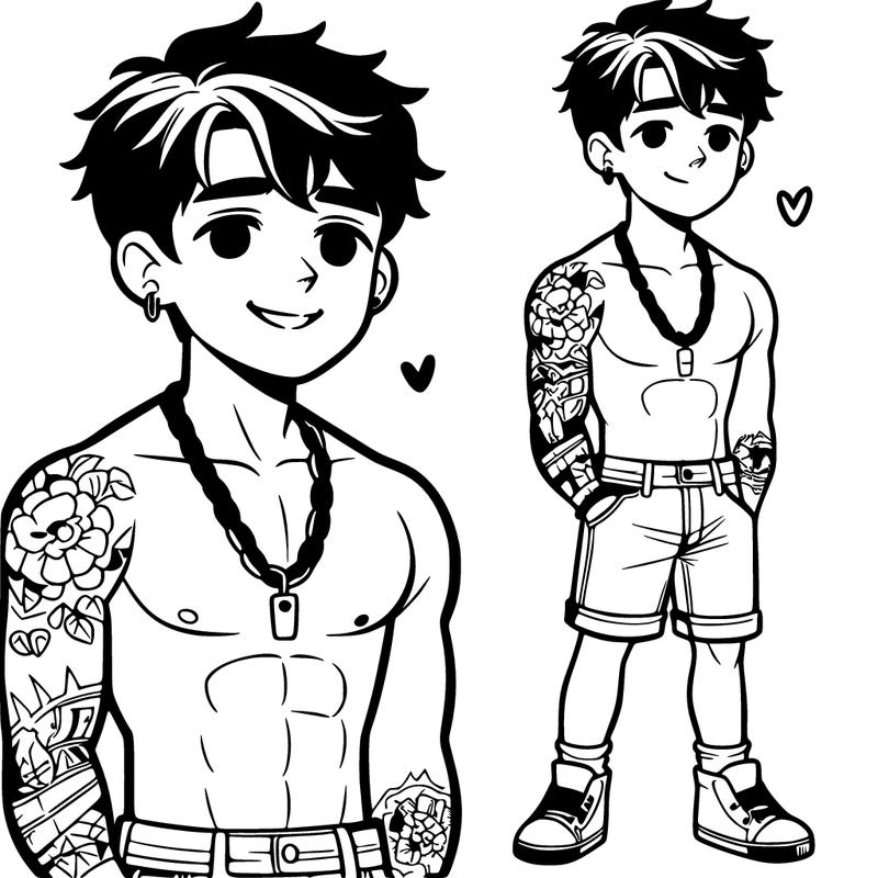 really cute 15 year old boy, short hair, shorts, no shirt, chained necklace, abs, smile, tattoos