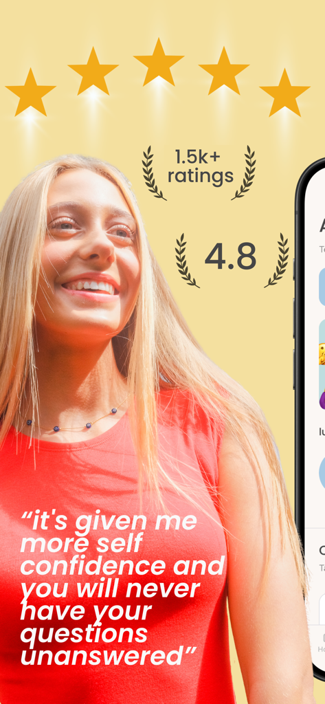 luna: teen health & period app - Ragazza adolescente sorridente con una valutazione di 4,8 stelle e una citazione sull'autostima sull'app Luna