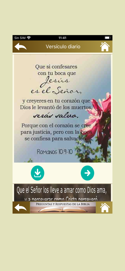 Bildschirm, der einen täglichen Bibelvers auf Spanisch aus Römer 10, 9-10 mit einem Blumenhintergrund zeigt.