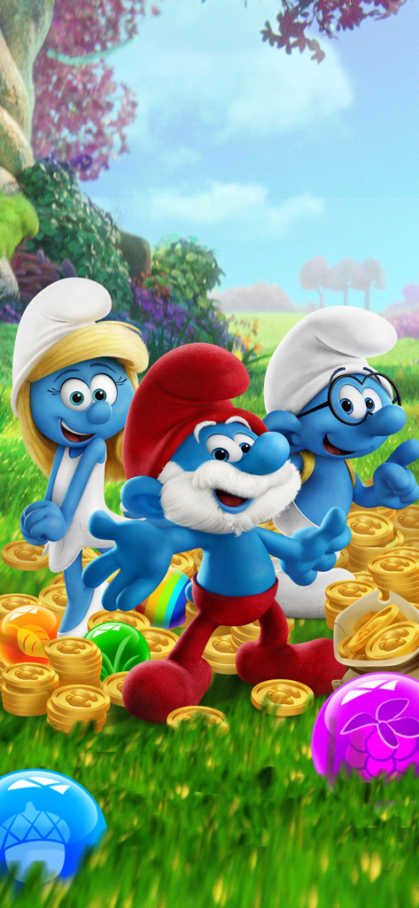 Papa Smurf, Smurfette, and Brainy Smurf surrounded by gold coins and colorful bubbles