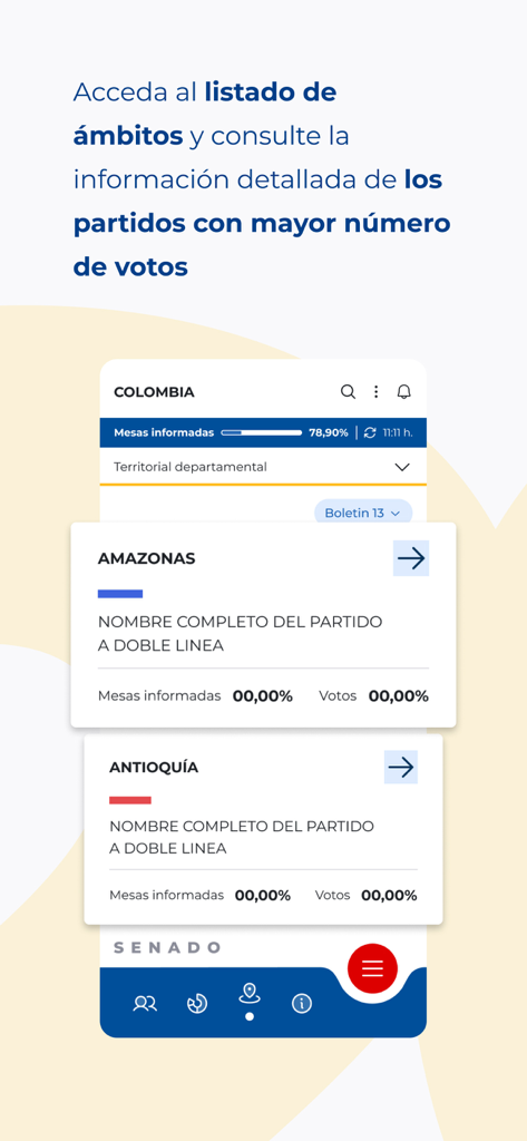 Resultados Congreso 2026 - アマゾナスやアンティオキアなどの地域部門別に分類されたコロンビア上院選挙結果を表示する公式モバイルアプリ画面