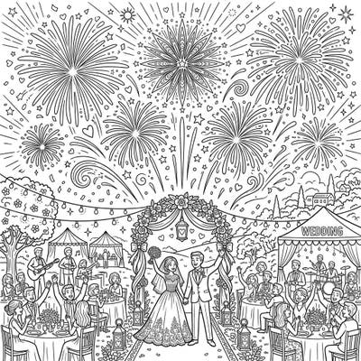 Capture the magic of a summer night wedding with this festive coloring page. It features a joyful couple, lively guests, and spectacular fireworks bursting across the sky, ready for your creative touch.