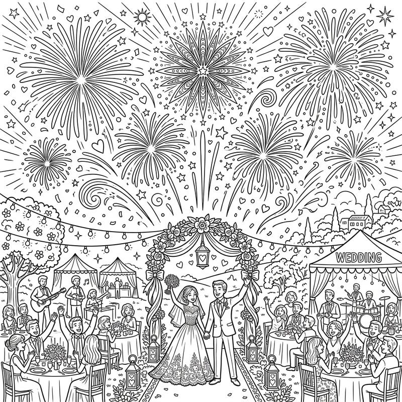 Capture the magic of a summer night wedding with this festive coloring page. It features a joyful couple, lively guests, and spectacular fireworks bursting across the sky, ready for your creative touch.