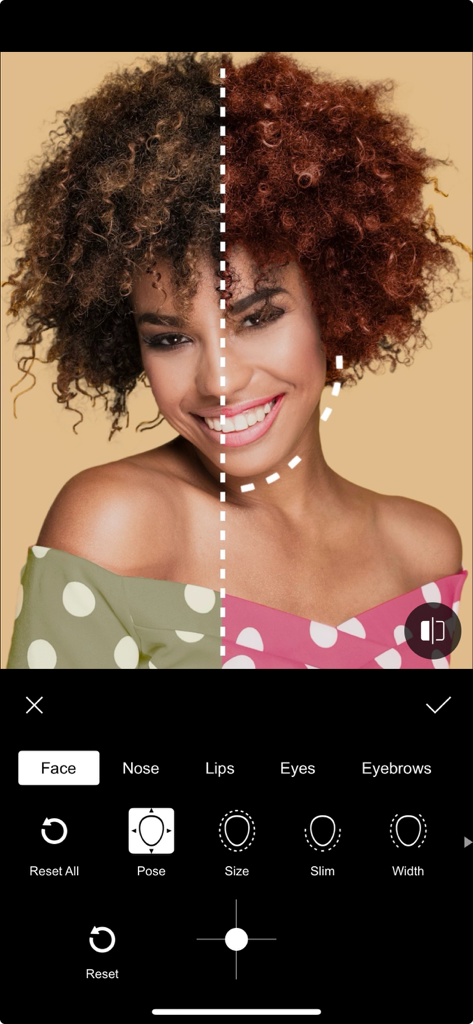 Perfect Pic—Face & Body Editor - Una pantalla dividida que muestra a una mujer usando las funciones de retoque facial y cambio de color de cabello en la aplicación Perfect Pic.
