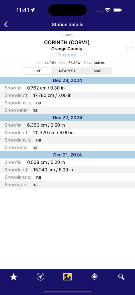 NOAA Snow Live Weather - Mobile app interface showing daily snowfall and snow depth data for a weather station in Vermont