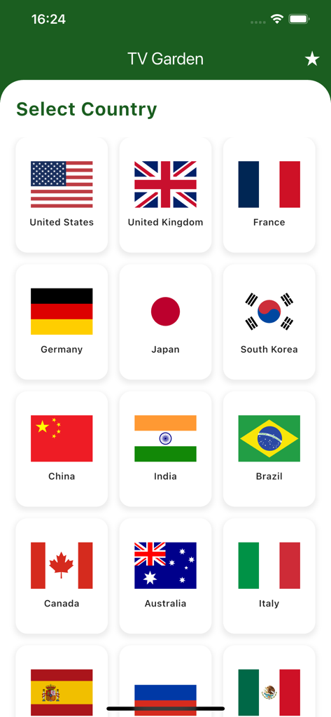 TV Garden app interface showing a grid of country flags to select global TV content
