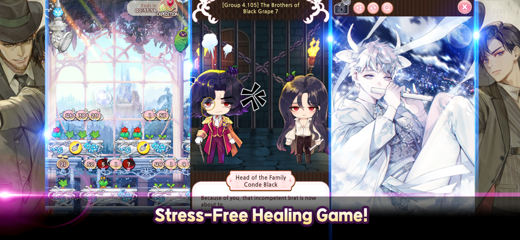 Mandrake Boys Global - Captures d'écran du gameplay de Mandrake Boys Global montrant les mécanismes de jardinage, les personnages chibi et les illustrations d'anime de haute qualité avec un thème de guérison sans stress.