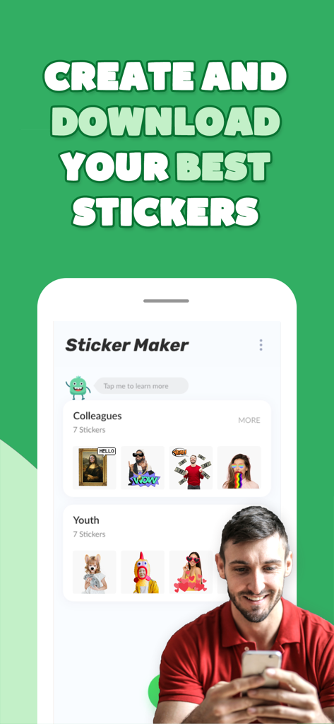 Interface of Animated Sticker Maker for WhatsApp showing various sticker packs and a user