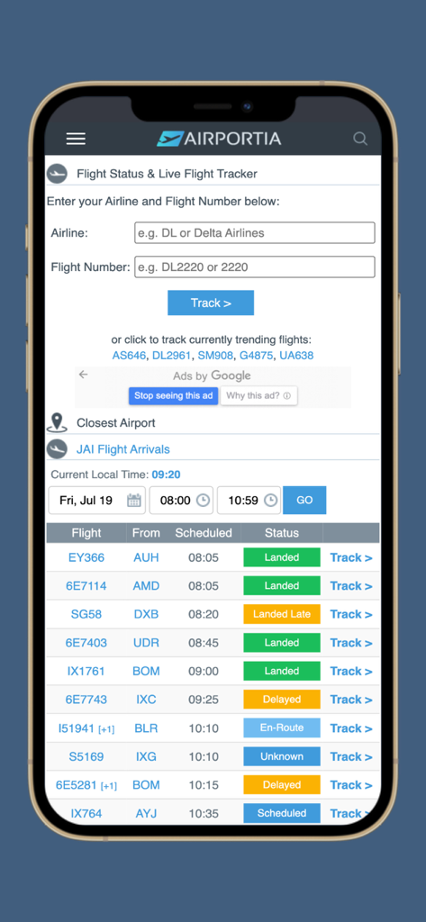 Interface do aplicativo Airportia mostrando um painel de chegadas de voos ao vivo e uma ferramenta de busca de status de voo.