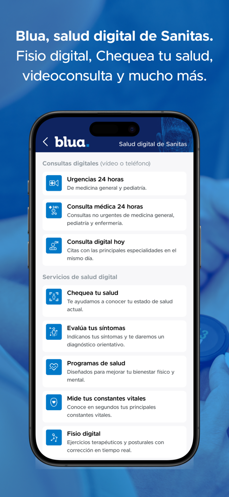Mi Sanitas - Captura de pantalla de la aplicación Mi Sanitas que muestra los servicios de salud digital Blua, incluyendo atención de urgencias y videoconsultas