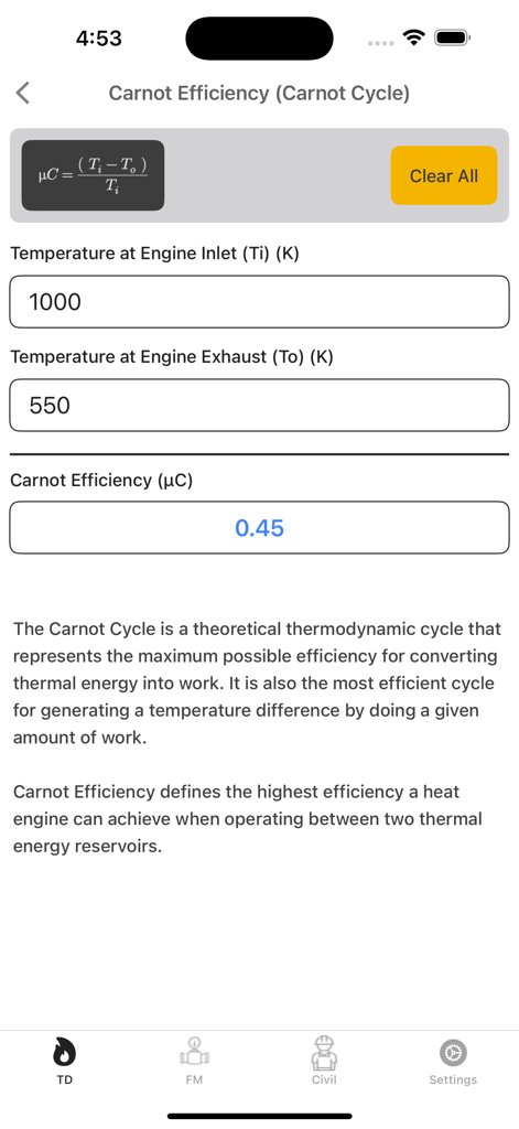 Carnot Efficiency calculator screen in the Thermal Engineering Calc app