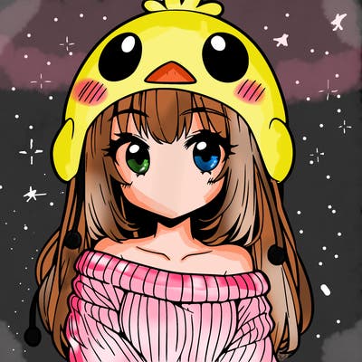 anime girl with chick shaped hat with sweater with bare shoulders with bangs covering them one eye with low tail