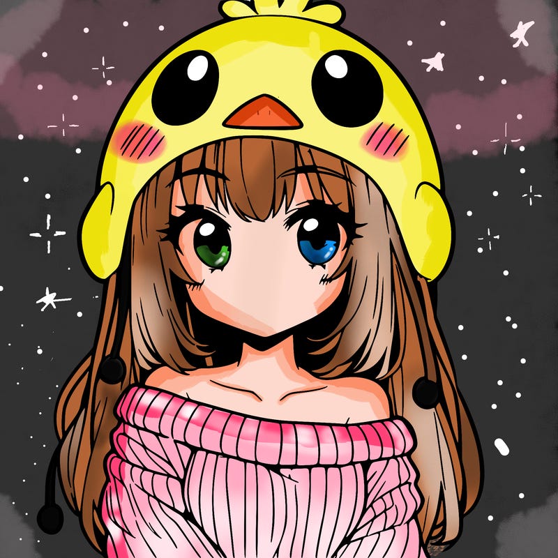anime girl with chick shaped hat with sweater with bare shoulders with bangs covering them one eye with low tail