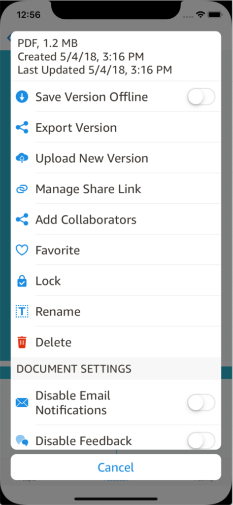 Amazon WorkDocs - Amazon WorkDocs mobile app document settings menu showing file management and security options