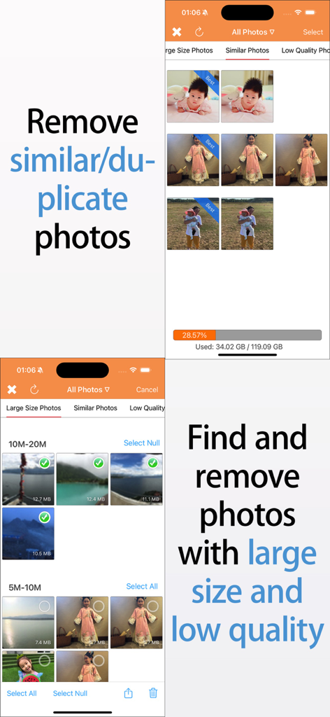 AI Cleaner Max-Clean Up Device - AI Cleaner Max 앱 인터페이스: 중복 또는 대용량 사진 식별 및 제거