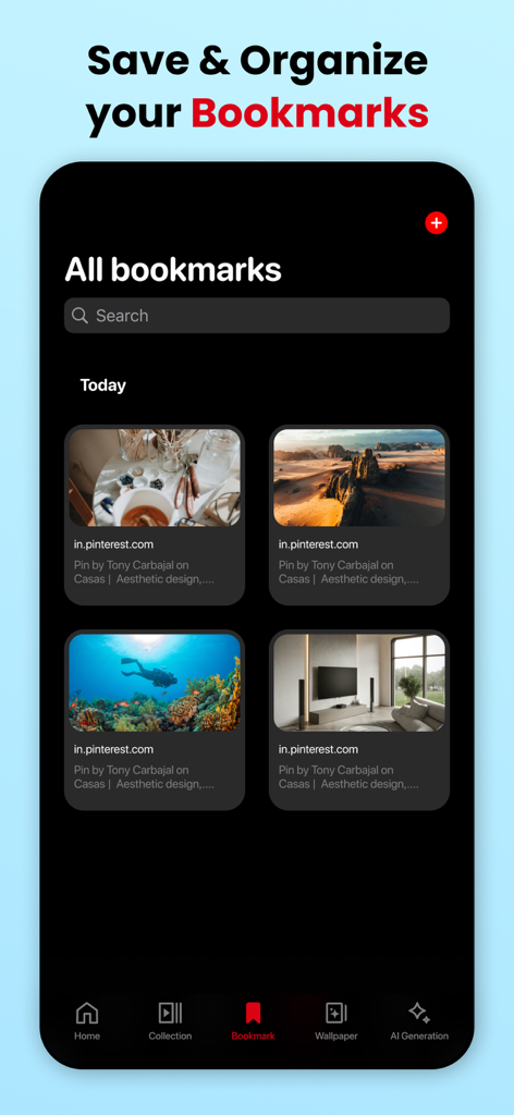PinSaver app interface showing a grid of saved video and image bookmarks from Pinterest