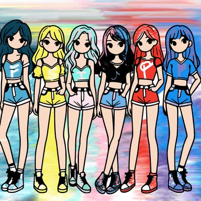 a group of girls wearing crop tops and shorts