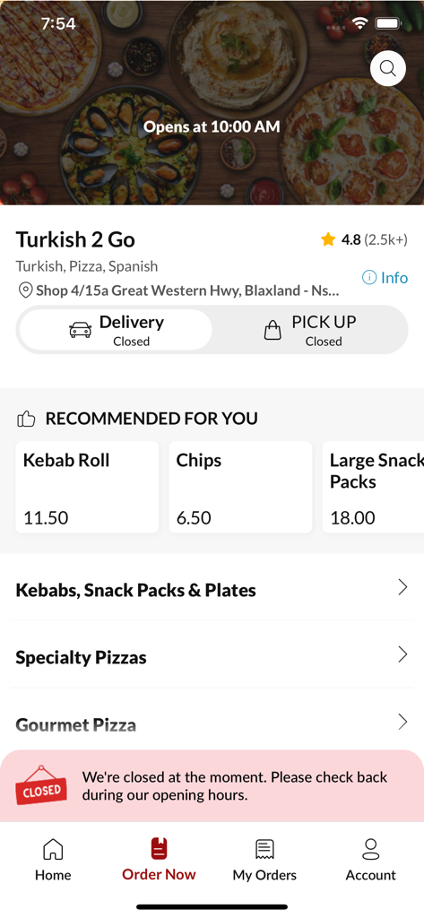 Turkish 2 Go - Home screen of the Turkish 2 Go mobile app displaying the food menu and restaurant information.