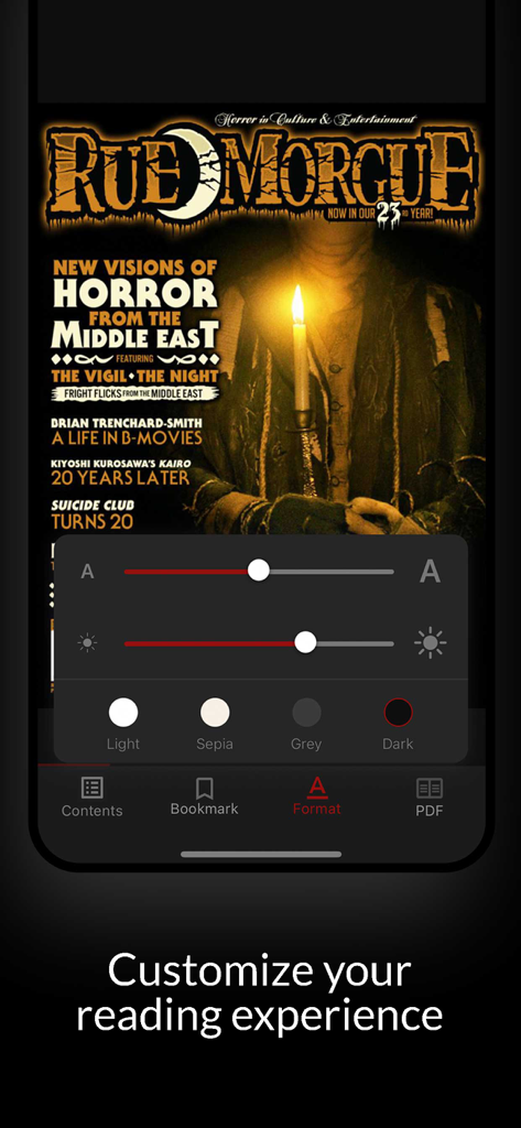 Une capture d'écran de l'application Rue Morgue montrant les options pour personnaliser l'expérience de lecture avec la taille du texte et les paramètres de thème.