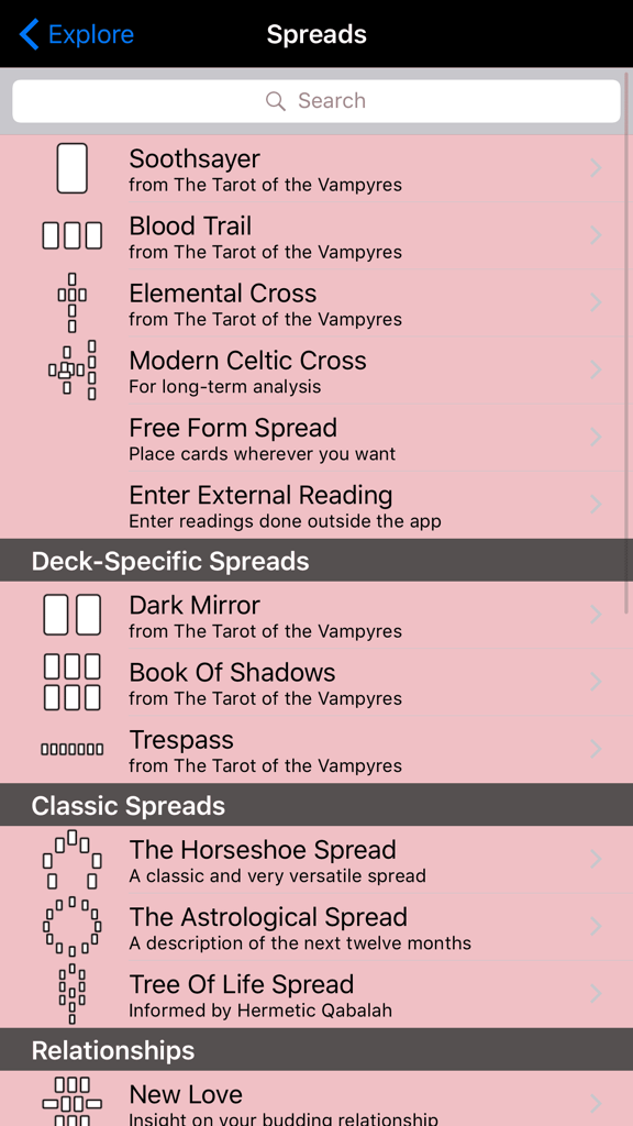 A list of gothic-themed tarot reading layouts including deck-specific and classic spreads