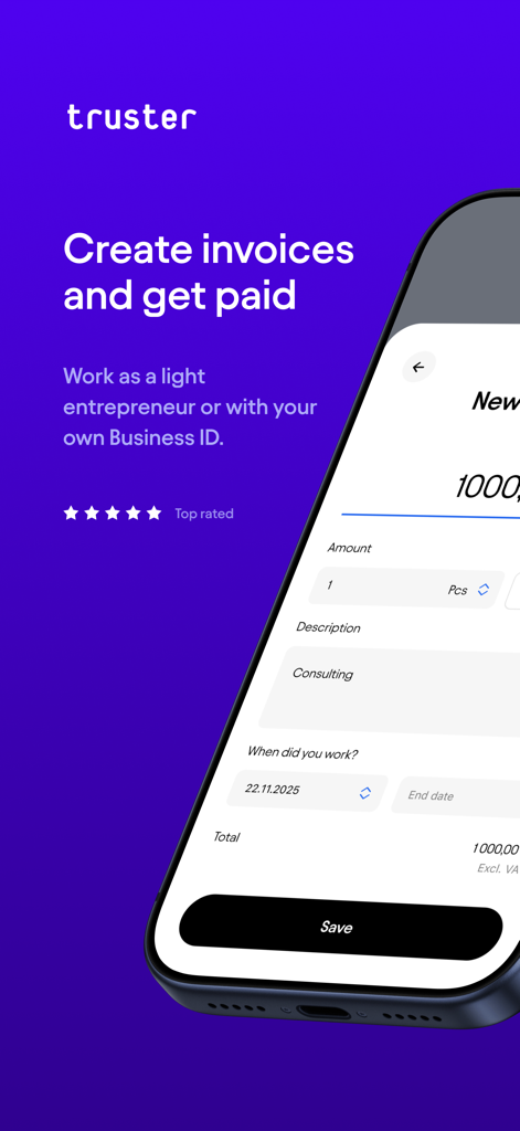 Truster Invoicing service - Truster mobile app interface for creating invoices and getting paid as a freelancer