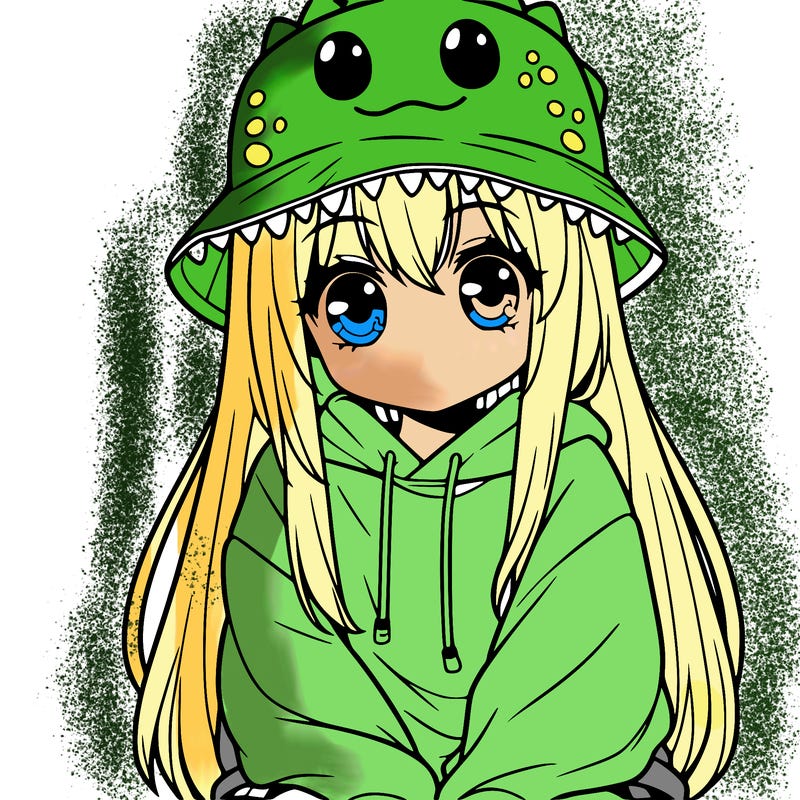 girl with anime shaped eyes with a dinosaur bucket hat oversized sweatshirt long straight hair