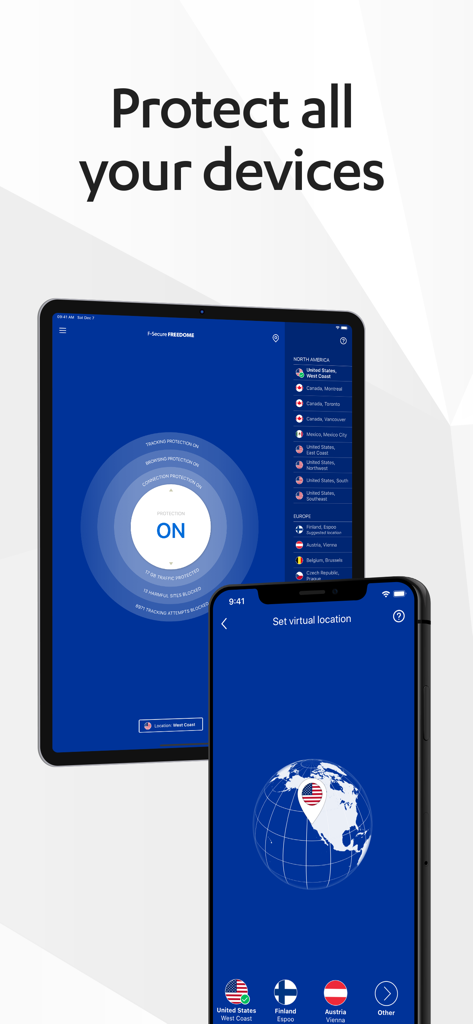 Interfaz de la aplicación F-Secure FREEDOME VPN mostrada en un iPad y un iPhone para protección multidispositivo