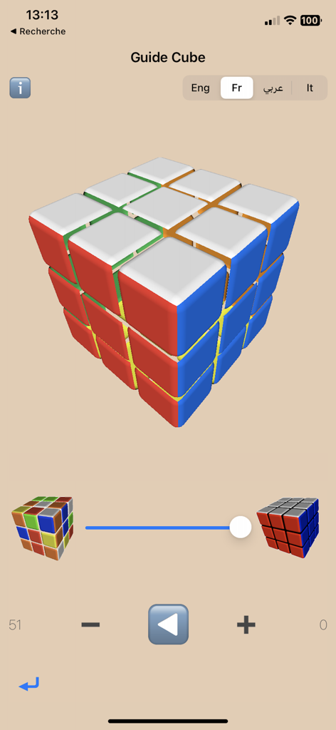 Interface of the Solve and Scramble app showing a 3D Rubiks cube with step-by-step solving instructions