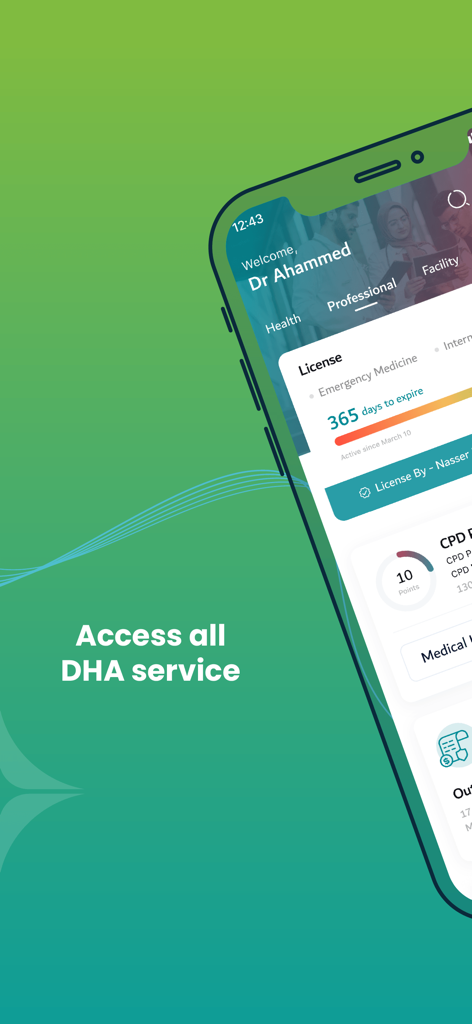 DHA - DHA app professional dashboard showing medical license status and CPD points for healthcare professionals