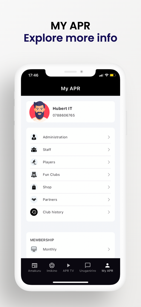 APR FC - The My APR profile page in the official Rwandan football club app showing user details and club menu.