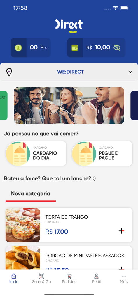 Sodexo Direct - Home screen of the Sodexo Direct app showing food menu items like chicken pie and the digital wallet balance