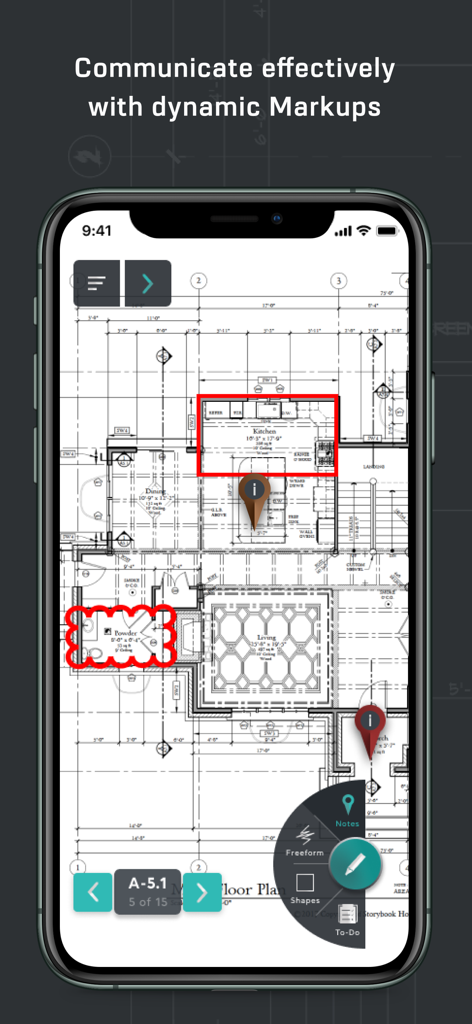 ProPlans mobile app interface showing red markups and notes on a construction floor plan
