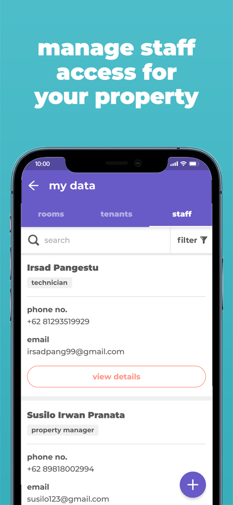 Cove Property Management App - Screenshot of the Cove Property Management App showing a list of staff members with their contact details and roles