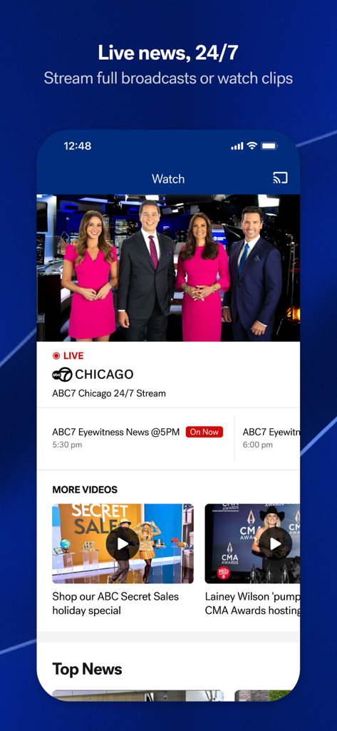 Interface of the ABC7 Chicago app featuring 24/7 live news streaming and local news anchors