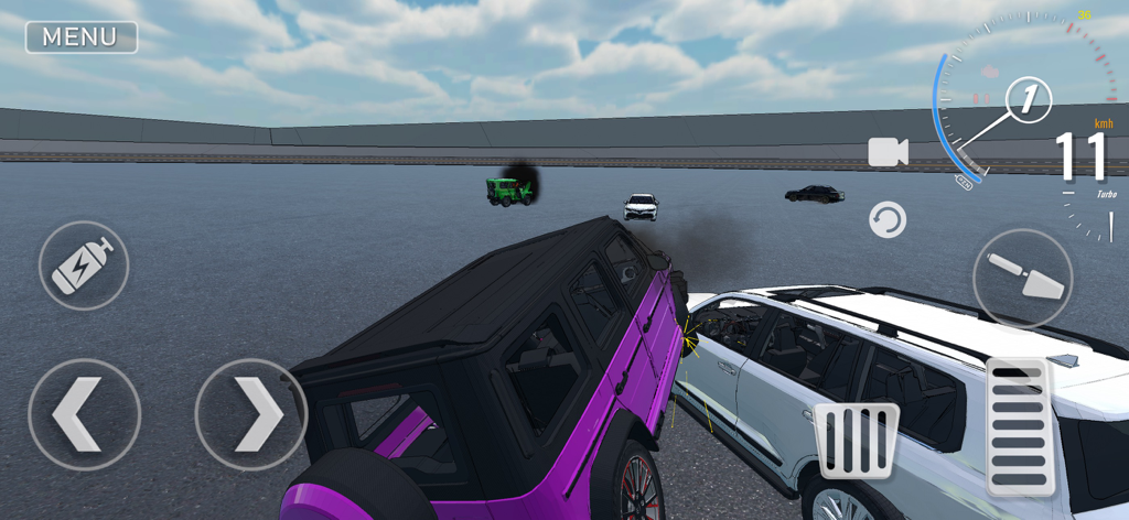 Two SUVs colliding in a realistic 3D car crash simulation game with on screen driving controls.