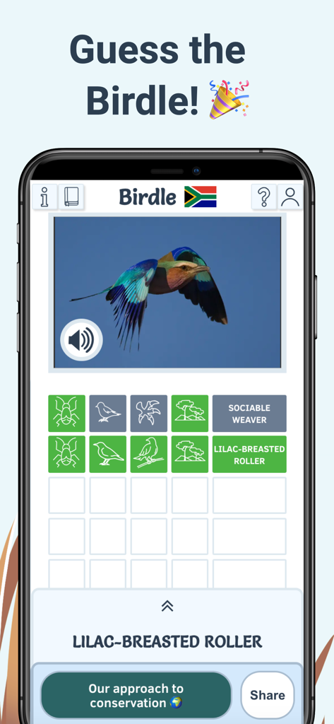 Birdle app interface showing a successful identification of a Lilac-breasted Roller bird with game icons and sharing options