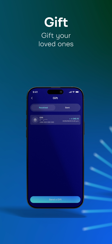 Screenshot of the Mobily Pay app showing the digital gift feature for sending and receiving money with loved ones.