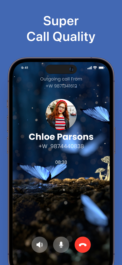 Text App: Calling+Texting Now - Outgoing call screen in Text App featuring a personalized butterfly theme and super call quality display
