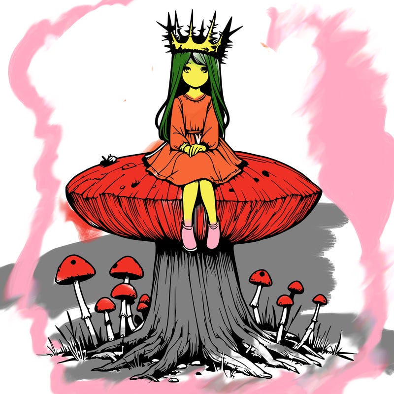 realistic girl sitting on a huge tree stump size toadstool with thorn crown
