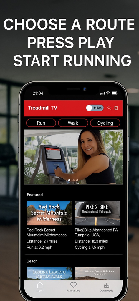 Treadmill TV app interface on a smartphone showing virtual running and walking routes for indoor exercise