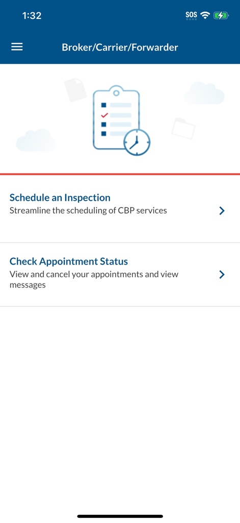 CBP Link app menu for scheduling inspections and checking appointment status for brokers and carriers