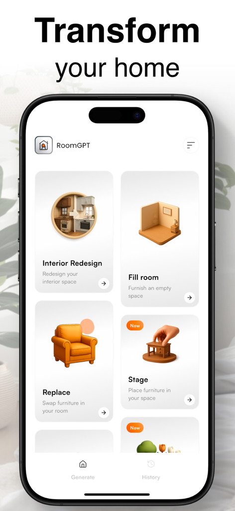 インテリアリデザイン、空の部屋の装飾、家具交換のオプションを備えたRoomGPTアプリのメインダッシュボード。
