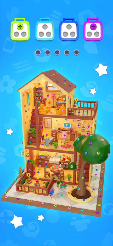 Screw Sort Puzzle™-Pin Jam 3D - A 3D house model covered with colorful screws in the Screw Sort Puzzle mobile game