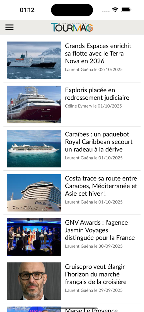 TourMaG mobile app news feed showing professional tourism industry articles with cruise ships and travel executive photos.