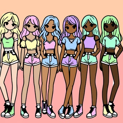 a group of girls wearing crop tops and shorts