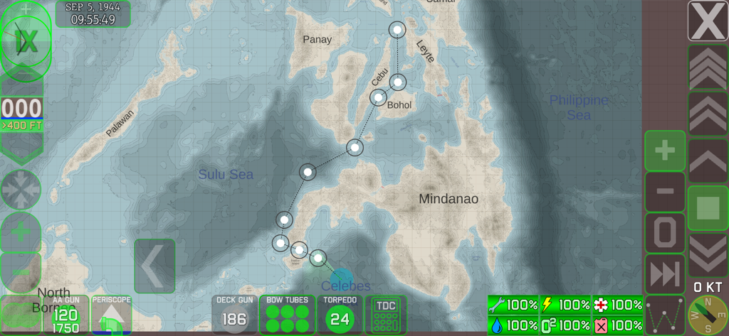 Un mapa de navegación táctico en Crash Dive 2 que muestra la ruta de un submarino a través de las islas Filipinas durante la Segunda Guerra Mundial.