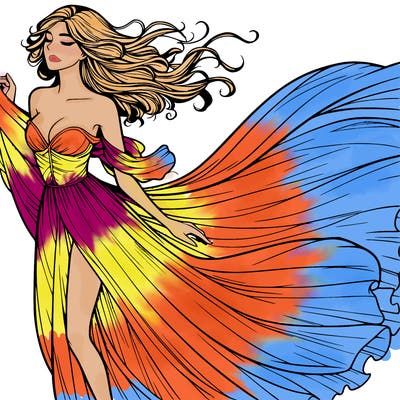 realistic woman in dress flowing the the wind