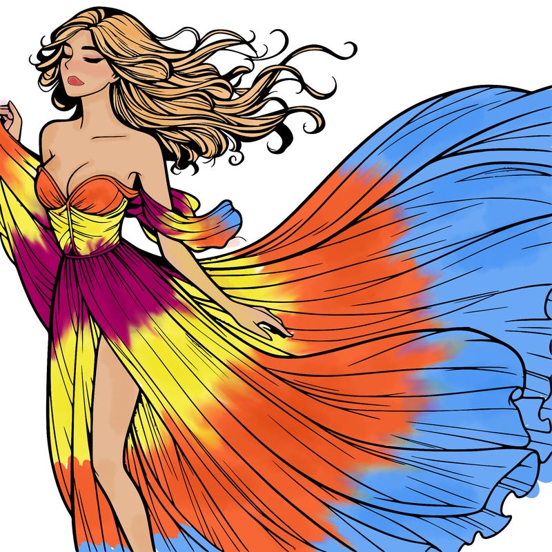 realistic woman in dress flowing the the wind